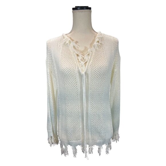 POL‎ Womens Small Oversized Distressed Sweater White Light Blue Ombre Tie Neck - Picture 1 of 8